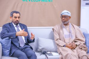 Minister of Solid Minerals Development, Dr. Dele Alake (Right) and the United Arab Emirates (UAE) Ambassador to Nigeria, Salem Shaeed Al-Shamsi during a courtesy visit at the Ministry of Solid Minerals Development office in Abuja, on Oct. 29, 2024