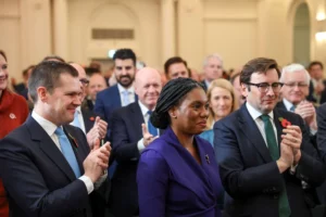 Robert Jenrick applauds next to Kemi Badenoch, after Badenoch was announced as the new leader of Britain's Conservative Party, in London, Britain on November 2, 2024. Mina Kim/REUTERS