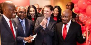 L-R: Minister of Finance and Coordinating Minister of the Economy, Mr. Wale Edun; President/Chief Executive, Dangote Group, Alhaji Aliko Dangote, GCON; Group Managing Director/Chief Executive, Zenith Bank Plc, Dame (Dr.) Adaora Umeoji, OON; Director General of the Treasury, France, Bertrand Dumont; Executive Director, Zenith Bank Plc, Mrs. Adobi Nwapa; and Founder and Chairman, Zenith Bank Plc, Jim Ovia, CFR, during the official commissioning of Zenith Bank, Paris on Wednesday.