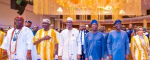 Ooni of Ife; Oba Adeyeye Enitan Ogunwusi, Ojaja II; Commissioner for Housing, Mr. Moruf Akinderu-Fatai; Minister of Housing and Urban Development, Arc. Ahmed Musa Dangiwa; Deputy Governor of Lagos State, Dr. Obafemi Hamzat; Governor Babajide Sanwo-Olu and his Special Adviser on Housing, Barr. Barakat Odunuga-Bakare during the 5th Lagos Real Estate Marketplace conference and exhibitions (Day One), at the EXPO Hall of the Eko Hotels and Suites, Victoria Island, on Tuesday, 10 December 2024