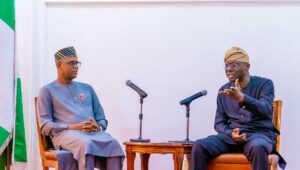 Governor of Lagos State, Mr. Babajide Sanwo-Olu (right) making his remark during a courtesy visit by the Minister of State for Works, Barr. Bello Goronyo (left) at the Lagos House, Alausa, Ikeja, on Tuesday, 03 December 2024