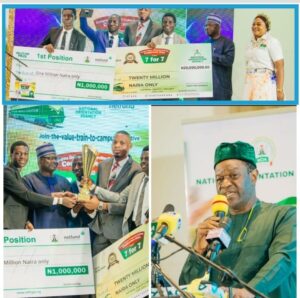 Lautech winners, top; Mr Akintunde Sawyerr MD/CE NELFUND, bottom right and Lautech winners with NOA DG. Mallam isa Onilu