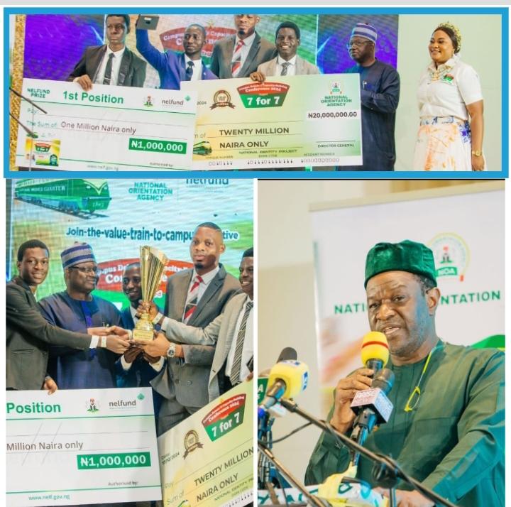 Lautech winners, top; Mr Akintunde Sawyerr MD/CE NELFUND, bottom right and Lautech winners with NOA DG. Mallam isa Onilu