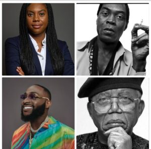 Clockwise from top left: Kemi Badenoch, Fela Anikulapo-Kuti, Chinua Achebe and Davido