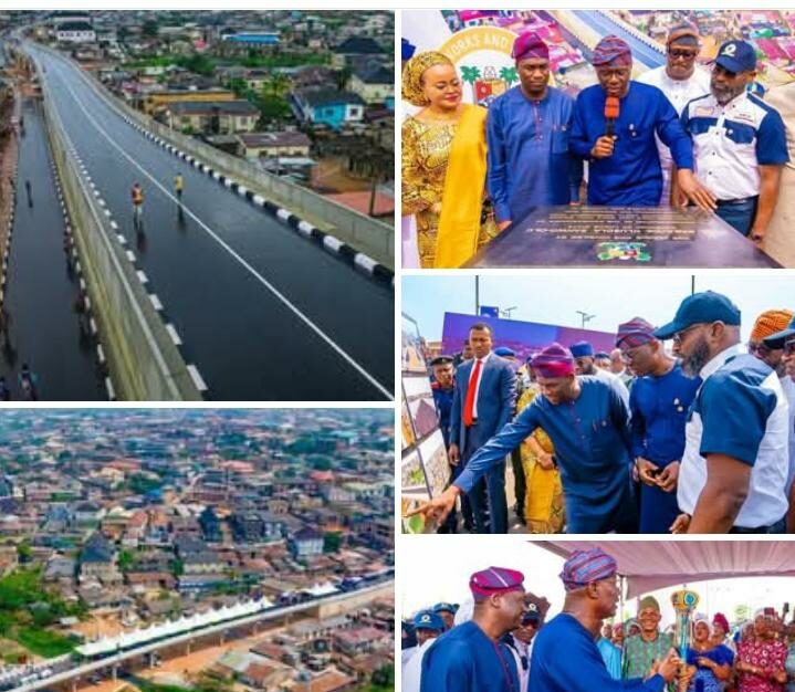the bridge, top left. Top right: Secretary to the Lagos State Government, Barr. ‘Bimbola Salu-Hundeyin; Deputy Governor, Dr. Obafemi Hmazat; Governor of Lagos State, Mr. Babajide Sanwo-Olu; member of the State House of Assembly, Hon. Desmond Elliot; Special Adviser to the Governor on Infrastructure, Engr. Olufemi Daramola and Chairman, APC Lagos, Pastor Cornelius Ojelabi during the commissioning of the newly constructed Abiola Onijemo link road with bridge in Ogba, on Monday, 09 December 2024