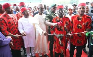 From left: Deputy Speaker, Benjamin Kalu; Minister of Works, Dave Umahi; National Security Adviser, Nuhu Ribadu; President Bola Ahmed Tinubu and Enugu State Governor, Peter Ndubuisi Mbah during the commissioning of International Conference Center and Government House Command and Control Center and Security Vehicles in Enugu on Saturday