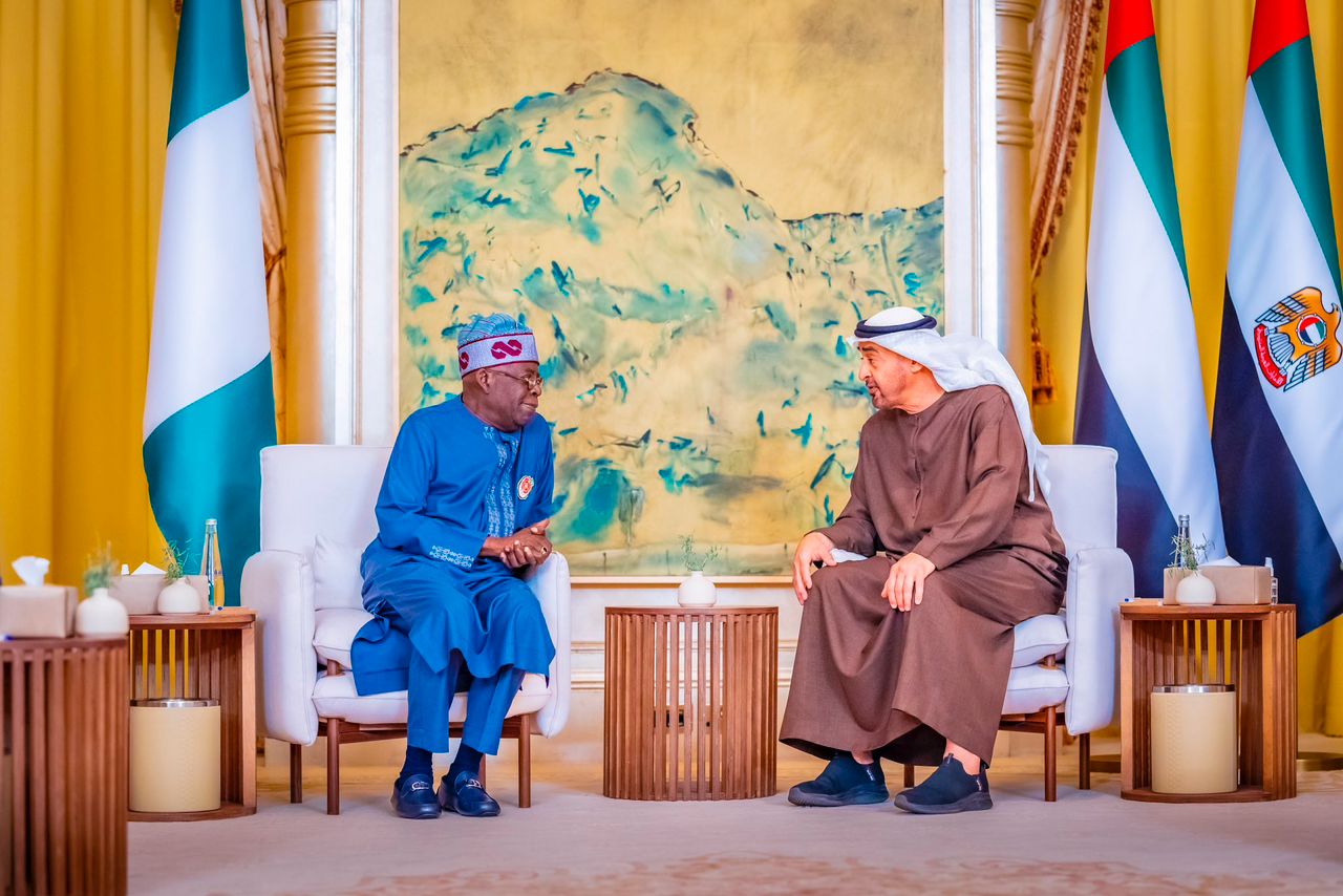 President Bola Ahmed Tinubu of Nigeria, left, and United Arab Emirates President, Sheikh Mohamed bin Zayed Al Nahyan.jpg