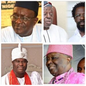 Gani Fawehinmi, top left; Afe Babalola and Dele Farotimi, top right; Ooni Oba Ogunwusi, bottom left and Ooni Sijuade