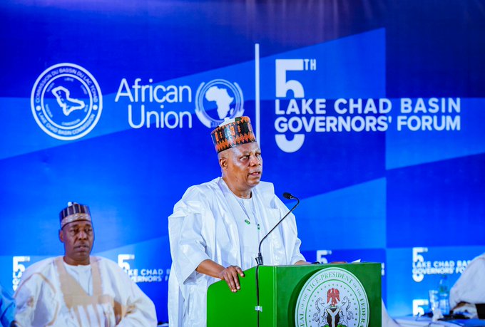 VP Shettima delivering his speech while Governor Zulum listens