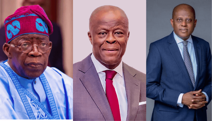 From left, President Bola Tinubu, Olawale Edun and Olayemi Cardoso