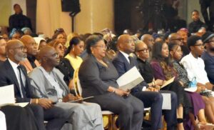 L-R: Roosevelt Ogbonna, Managing Director/Chief Executive Officer of Access Bank PLC; Babajide Sanwo-Olu, Governor, Lagos State; Mia Mottley, Prime Minister of Barbados; Aigboje Aig-Imoukhuede, Chairman, Access Holdings Plc, his wife Ofovwe; Tochi Wigwe; Hannah Wigwe, daughters of late Herbert Wigwe; David Wigwe, son, during the first year Memorial of late Herbert Wigwe, his wife Doreen, and son Chizi, held in Lagos...Sunday