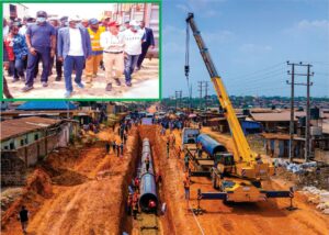 Ongoing construction work at the Adiyan Waterworks, being inspected by Governor of Lagos State, Mr. Babajide Sanwo-Olu during his working visit to the site, on Wednesday, 05 February 2025. Inset (from right): Deputy Governor, Dr. Obafemi Hamzat; Contractor/Project Manager, Engr. Daniele Cifola; Managing Director, Lagos Water Corporation, Engr. Mukhtaar Tijani; Governor Babajide Sanwo-Olu and Commissioner for the Environment and Water Resources, Barr. Tokunbo Wahab.