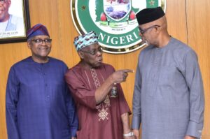 L - R, President / CE, Dangote Industries Ltd, Aliko Dangote, Former President, Olusegun Obasanjo, Ogun state State Governor, Prince Dapo Abiodun, during the President/CE of Dangote Industries Ltd and his team Visit Ogun state Governor,Abeokuta Ogun state on Monday 17 March 2025