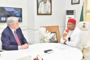 Governor Hope Uzodimma of Imo State addresses the Managing Director of US- MAC, Mr. Chris Burry when the latter led his team to sign agreement to partner Imo State Government on Imo Digital City at the Governor's Office, Government House Owerri... Monday