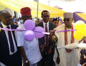 Group Head of Operations and International Trade Services, First City Monument Bank (FCMB), Mr. Ademola Idowu; Chairman of Ogo-Oluwa Local Government, Honourable Seun Ojo; National Head of Sales of the Bank, Mr. Emmanuel Comla and the Soun of Ogbomosho land, Oba Ghandi Olaoye, during the commissioning of the new FCMB branch in Ogbomosho, Oyo State.