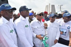 From left: Chairman, NDDC Board, Mr. Chiedu Ebie, Managing Director, Dr. Samuel Ogbuku, Governor Hope Uzodimma of Imo State, Minister of Regional Development, Eng. Abubakar Momoh and NDDC Executive Director, Projects, Hon. Victor Antai, during the inauguration of the reconstructed 7.6km Eziama-Abba-Owere Nkworji road in Imo State.... Thursday