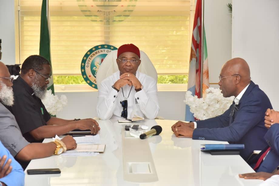 From left: Vice Chancellor of Imo State University, Prof. U. Chukwumaeze, Chairman, Governing Council, Rev. Fr. Prof Philip Anyaehie Ogbonna, Governor Hope Uzodimma of Imo State and Founder of Zinox Computers, Mr. Leo Stan Eke, when the members of the IMSU Governing Board paid a working visit to the Governor at Government House, Owerri... Tuesday.