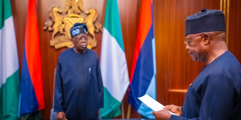 President Tinubu, left, swearin in Rivers Adminitrator, Ibas