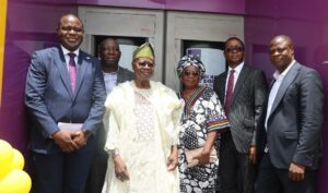 Group Head of Operations and International Trade Services, First City Monument Bank (FCMB), Mr. Ademola Idowu; Acting Regional Head, South-west of the Bank, Mr. Alfred Amubioya; a former Commissioner for Finance in Oyo State, Chief Adebayo Bankole; his wife, Mrs. Lydia Bankole; National Head of Sales, FCMB, Mr. Emmanuel Comla and Group Head, Admin & Logistics Management, Mr. Niyi Osinkolu, during the commissioning of the new FCMB branch in Ogbomosho, Oyo State.