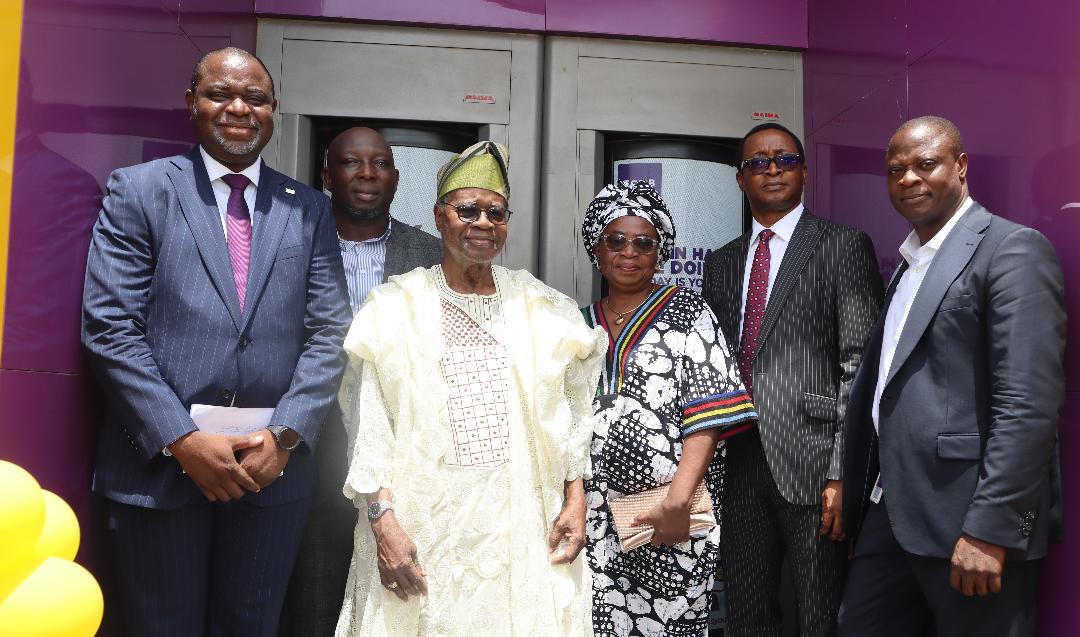Group Head of Operations and International Trade Services, First City Monument Bank (FCMB), Mr. Ademola Idowu; Acting Regional Head, South-west of the Bank, Mr. Alfred Amubioya; a former Commissioner for Finance in Oyo State, Chief Adebayo Bankole; his wife, Mrs. Lydia Bankole; National Head of Sales, FCMB, Mr. Emmanuel Comla and Group Head, Admin & Logistics Management, Mr. Niyi Osinkolu, during the commissioning of the new FCMB branch in Ogbomosho, Oyo State.