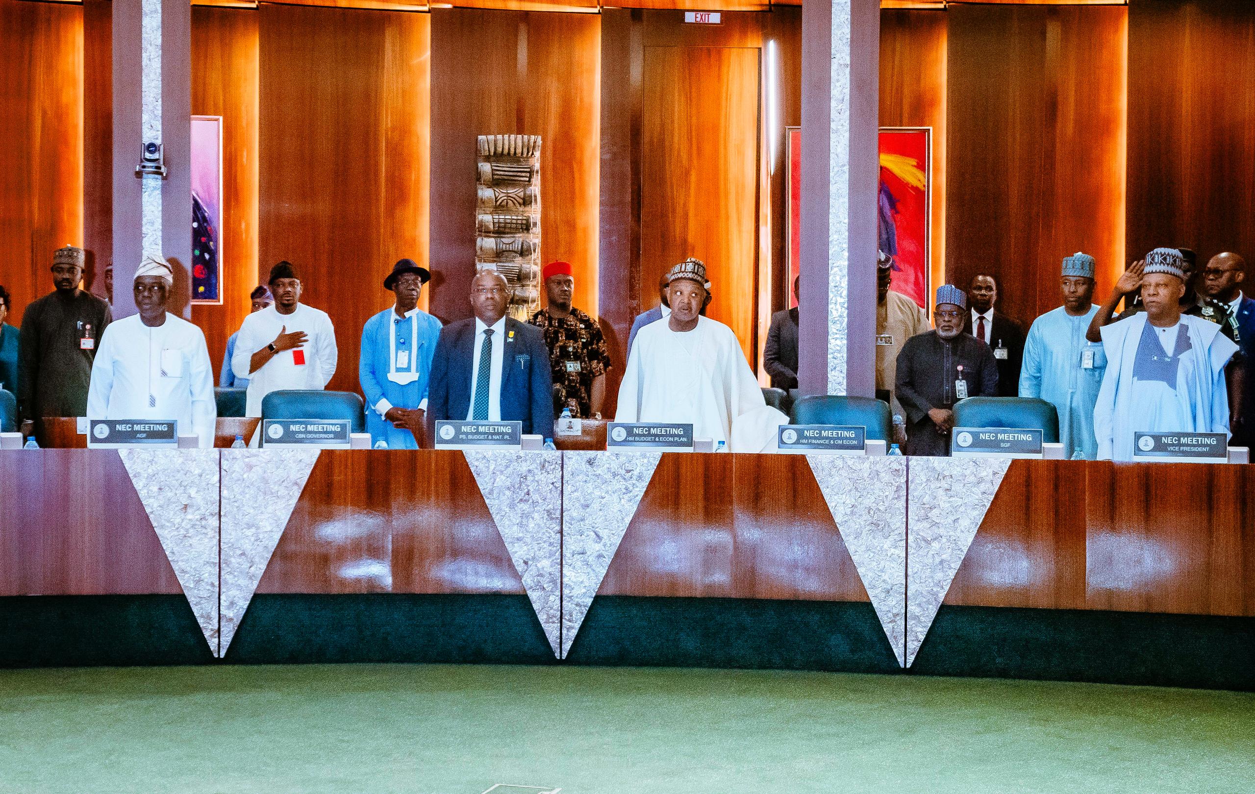 NEC, chaired by Vice President Kashim Shettima (right), with Governors of the 36 states of the federation, the Governor of the Central Bank of Nigeria (CBN), the Minister of Finance