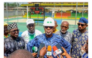 Caption: L-R: The Chief of Staff, Dr. Oluwatoyin Taiwo; Commissioner for Sports Development, Hon. Wasiu Isiaka; Ogun State Governor, Prince Dapo Abiodun; a member of the Local Organizing Committee, Dr Kweku Tandoh and the Special Adviser, Housing, Mr Farouq Adenugba, during an assessment tour of the MKO Abiola International Stadium, the Olympic sized swimming pool, the tennis and handball courts and the Alake Sports Centre all in Abeokuta, in preparation for the 22nd National Sports Festival, coming up in May