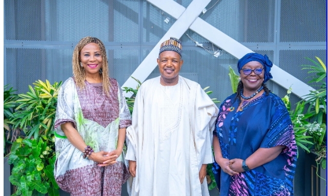 L-R: Assistant Secretary-General and Regional Director, Africa, United Nations Development Programme, Africa, Ms Ahunna Eziakonwa; Minister of Budget and Economic Planning, Senator Abubakar Bagudu; and Resident Representative of UNDP NIGERIA, Ms Elsie Attafuah, during the UN agency’s officials to the ministry in Abuja recently PHOTO: FMBEP