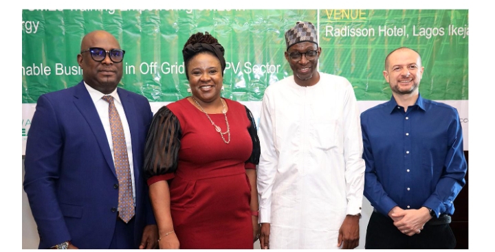 (L-R); Regional Manager, Apapa - Isolo, Ecobank Nigeria, Mr. Otega Odjegba; Team Lead, Entrepreneurship Support Facilities, Regional Off-Grid Electricity Access Project, Salamatu Baba Tunwzang; Senior Adviser/ Project Coordinator, Regional Off-Grid Electricity Access Project, Ecowas Commission Ei hadji Sylla; and Environmental Social Health and Safety Expert, Amani Mchugh at the Ecowas - ROGEAP Entrepreneurship Business Training for SMEs s in Solar Business in Lagos