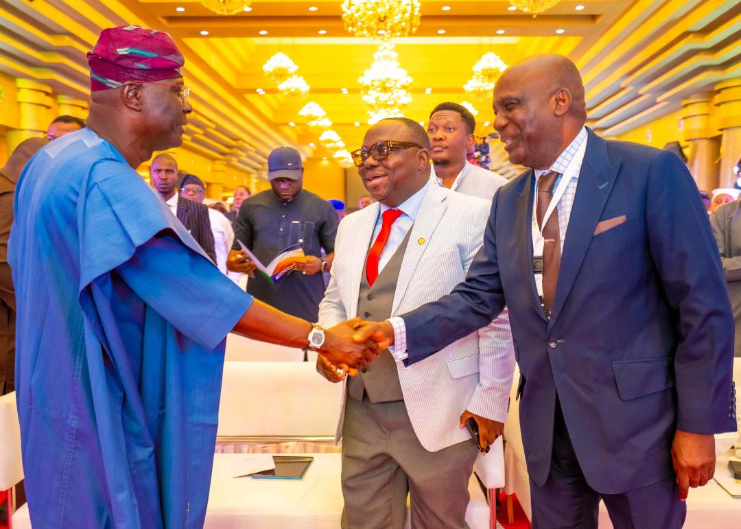 Governor of Lagos State, Mr. Babajide Sanwo-Olu; Commissioner for Energy and Mineral Resources, Mr. Biodun Ogunleye and ex-Minister of Power/Chairman, Geometric Power Group, Prof. Barth Nnaji during the inaugural Lagos State Energy summit themed: “Journey to Energy for All” at the Oriental Hotel, Victoria Island, on Tuesday, April 15, 2025.