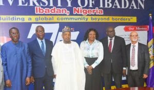 AGRICULTURAL ECONOMIC LECTURE… L-R: Country Director, World Bank Nigeria, Dr Ndiame Diop; Representative of Vice Chancellor University of Ibadan, Prof Oludayo Sonibare; Minister for Budget and Economic Planning, Senator Abubakar Bagudu; Director-General, National Institute for Social Economics Research (NISER), Prof Antonia Simbine; World Bank Consultant, Prof Funso Okunmadewa and Deputy Director-General IITA, Dr Kenton Dashiell; at the University of Ibadan Department of Agricultural Economics Distinguished Personality Lecture Series delivered by Diop in Ibadan on Tuesday, 08/04/25 PHOTO: FMBEP