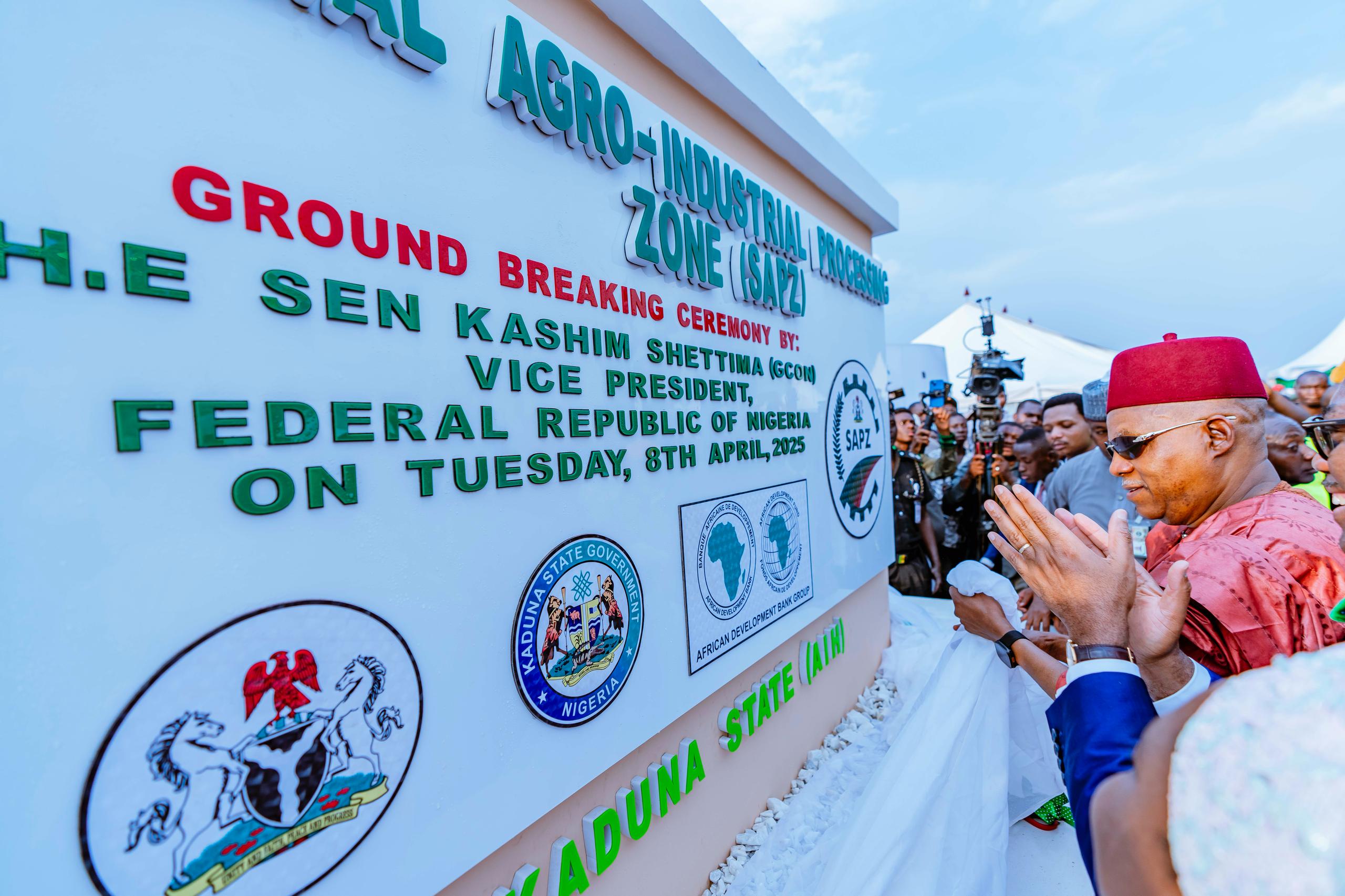 VP Shettima was in Kaduna State to perform the groundbreaking ceremony for the construction of Phase 1 of the Special Agro-Industrial Processing Zone