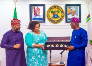 President/Executive Producer, All-Africa Music Awards (AFRIMA), Mike Dada; African Union representative, Angela Martins receiving Eyo figurine from Governor of Lagos State, Mr. Babajide Sanwo-Olu during AFRIMA/AUC courtesy call to the Governor, at the Lagos House, Alausa, Ikeja on Tuesday, 29 April, 2025.