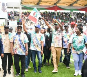 Chairman, Association of Senior Civil Servants of Nigeria, Lagos State, Comrade Olusegun Balogun; Chairman, Trade Union Congress (TUC), Lagos chapter, Comrade Gbenga Ekundayo; Lagos State Deputy Governor, Dr. Obafemi Hamzat; Governor Babajide Sanwo-Olu and Chairman, Lagos State chapter of the Nigeria Labour Congress (NLC), Comrade Agnes Sessi, during the May Day Celebration, at the Mobolaji Johnson Arena, Onikan, Lagos on Thursday, 01 May, 2025.