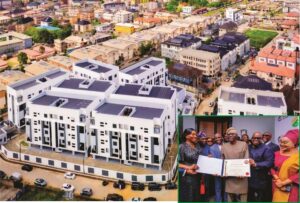 Aerial view of the LBIC/Crown Exquisite Homes, at Iponri, Surulere, officially commissioned by Lagos State Governor, Mr. Babajide Sanwo-Olu, on Monday, May 19, 2025. Inset (l-r): Chairman, Crown Exquisite Homes, Mrs. Adebukola Okusaga; Deputy Governor of Lagos State, Dr. Obafemi Hamzat; Managing Director/CEO, Lagos Building Investment Company (LBIC) Plc, Mr. Olusola Faleye; Governor Babajide Sanwo-Olu; Board Chairman, LBIC, Mr. Hakeem Ogunniran and the SSG, Barr. ‘Bimbola Salu-Hundeyin during the commissioning.