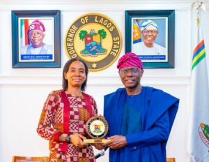 Director General, National Pension Commission (NPC), Omolola Oloworaran receiving Lagos State government plaque from the Governor, Mr. Babajide Sanwo-Olu during a courtesy visit at the Lagos House, Alausa, Ikeja, on Wednesday, 7th May, 2025.