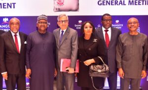 L-R: Independent Non-Executive Director, Dangote Cement Plc, Emmanuel Ikazoboh; Chairman, Dangote Cement Plc, Aliko Dangote; Group Managing Director/CEO, Dangote Cement Plc, Arvind Pathak; Independent Non-Executive Director, Dangote Cement Plc, Dorothy Udeme Ufot, SAN; Non-Executive Director, Dangote Cement Plc, Abdu Dantata; Non-Executive Director, Dangote Cement Plc, Olakunle Alake, at the 16th Annual General Meeting of Dangote Cement Plc in Lagos on Monday, June 23, 2025.