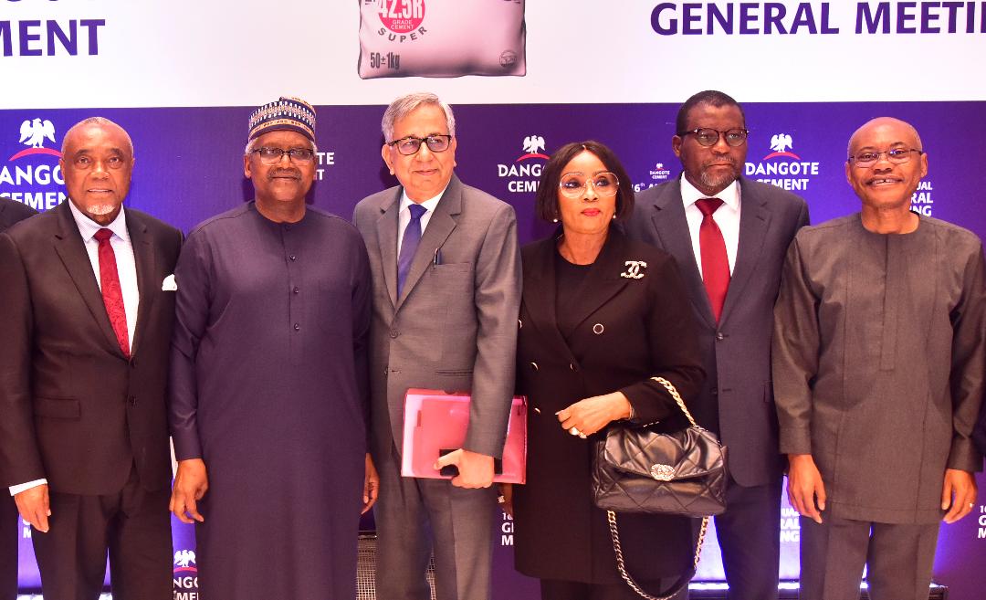 L-R: Independent Non-Executive Director, Dangote Cement Plc, Emmanuel Ikazoboh; Chairman, Dangote Cement Plc, Aliko Dangote; Group Managing Director/CEO, Dangote Cement Plc, Arvind Pathak; Independent Non-Executive Director, Dangote Cement Plc, Dorothy Udeme Ufot, SAN; Non-Executive Director, Dangote Cement Plc, Abdu Dantata; Non-Executive Director, Dangote Cement Plc, Olakunle Alake, at the 16th Annual General Meeting of Dangote Cement Plc in Lagos on Monday, June 23, 2025.