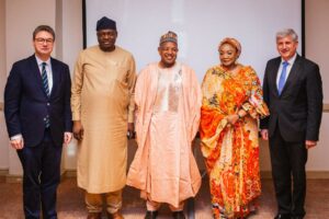 L-R: Austrian Ambassador to Nigeria, Mr Peter Guschelbauer; Minister of Humanitarian Affairs and Poverty Reduction, Prof Nentawe Yilwatda; Minister of Budget and Economic Planning, Senator Abubakar Bagudu; Minister of Women Affairs, Ms Imaan Sulaiman-Ibrahim; and Director-General, International Centre for Migration Policy Development, Mr Michael Spindelegger, during a meeting with Michael Spindelegger in Abuja on Friday 30/05/25 PHOTO: FMBEP