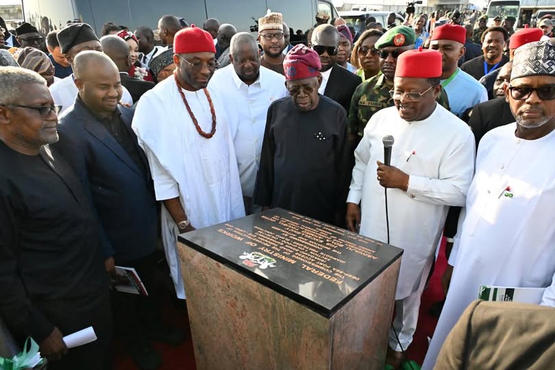 President Tinubu, Umahi, others during the commissioning of the Lekki Deep Sea Port Access Road at the Dangote Refinery and Petrochemical Plant