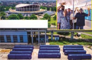 Newly acquired three sets of trains for the Blue Line Rail Transit delivered at the National Theatre Station, Iganmu, inspected by Governor of Lagos State, Mr. Babajide Sanwo-Olu, on Sunday, 08 June, 2025. INSET: Governor Babajide Sanwo-Olu inspecting the train