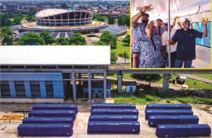 Newly acquired three sets of trains for the Blue Line Rail Transit delivered at the National Theatre Station, Iganmu, inspected by Governor of Lagos State, Mr. Babajide Sanwo-Olu, on Sunday, 08 June, 2025. INSET: Governor Babajide Sanwo-Olu inspecting the train