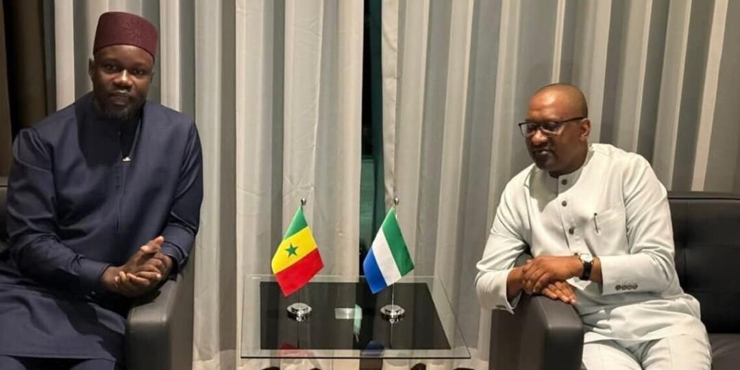 Senegal’s Prime Minister, Ousmane Sonko, left, with Sierra Leone’s Vice President, Juldeh Jalloh, at the Freetown International Airport yesterday, on arrival Sonko