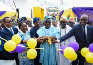 National Head of Sales, First City Monument Bank (FCMB), Mr. Emmanuel Comla; Regional Head, Lagos, Mrs. Omowunmi Kalejaiye; Otunba of Sangotedo Kingdom, Otunba Tunde Johnson; Chairman, Eti-Osa East Local Council Development Area, Hon. John Ogundare; Aro of Ogombo Kingdom, Chief Lukman Lawal and FCMB’s Group Head, Operations and International Trade Services, Mr. Ademola Idowu, at the commissioning ceremony of the Bank’s new branch at Sangotedo, Lekki-Epe Expressway, in Lagos on June 26, 2025.