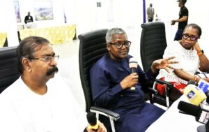 L-R, Vice President, Oil and Gas, Dangote Industries Limited, Devakumar Edwin; President / CE, Dangote Industries Ltd, Aliko Dangote; Dean of Lagos Business School ( LBS) Professor Olayinka David-West, during the visit of LBS’ Global CEO Africa Programme Cohort 5 to Dangote Petroleum Refinery and Fertiliser Plant in Ibeju-Lekki Lagos on Thursday July 10,2025.