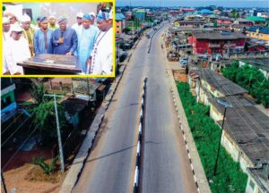 Newly upgraded Abaranje road in Igando-Ikotun, commissioned by Governor of Lagos State, Mr. Babajide Sanwo-Olu, on Wednesday, 02 July, 2025. INSET (l-r): APC leader in Alimosho, Hon. Bisi Yusuf; Onikotun of Ikotun, Oba Azeez Gbadabiu Asiwaju; Deputy Governor of Lagos State, Dr. Obafemi Hamzat; Governor Babajide Sanwo-Olu; APC Lagos Chairman, Pastor Cornelius Ojelabi and Onishasha of Shasha Kingdom, Oba Nasiru Ogunronbi.