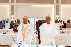 Minister of Budget and Economic Planning, Senator Abubakar Bagudu (left), and Minister of Health and Social Welfare, Prof Ali Pate, during the High-level Consultative Meeting on the Development of National Food and Nutrition Security Crisis Preparedness Plan in Abuja on Friday, 11/07/25 PHOTO: FMBEP