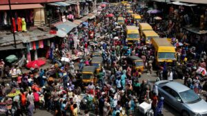 An overcrowded bus stop in Lagos.