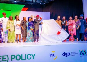 Lagos State Governor, Mr. Babajide Sanwo-Olu (middle); his Deputy, Dr. Obafemi Hamzat (5th right); Commissioner for Women Affairs and Poverty Alleviation, Mrs Bolaji Dada (4th right); member, Lagos State House of Assembly, Princess Omolara Oyekan-Olumegbon (3rd right); Permanent Secretary, Public Service Office, Mrs Olasunkanmi Oyegbola (2nd right); wife of Deputy Governor, Oluremi Hamzat (5th left); representative of Minister of Women Affairs, Mrs. Agnes Abraham (4th left); Chief of Staff to the Lagos State Governor, Mr. Tayo Ayinde (right) and others, during the official launch of Women Economic Empowerment (WEE) Policy roadmap in Lagos State, at the Muson Centre, Onikan on Tuesday, July 22, 2025.