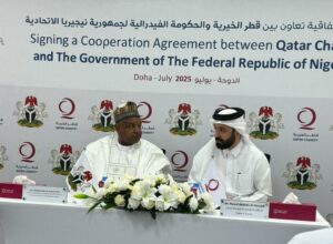 Minister of Budget and Economic Planning, Senator Abubakar Bagudu (left), and Qatar Charity’s Chief Global Operations Officer, Mr Nawaf Abdullah Al-Hammadi, during the signing of a Cooperation Agreement between the Federal Government and the Charity in Doha, Qatar, recently. PHOTO: FMBEP