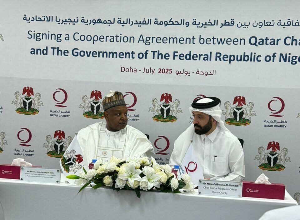 Minister of Budget and Economic Planning, Senator Abubakar Bagudu (left), and Qatar Charity’s Chief Global Operations Officer, Mr Nawaf Abdullah Al-Hammadi, during the signing of a Cooperation Agreement between the Federal Government and the Charity in Doha, Qatar, recently. PHOTO: FMBEP